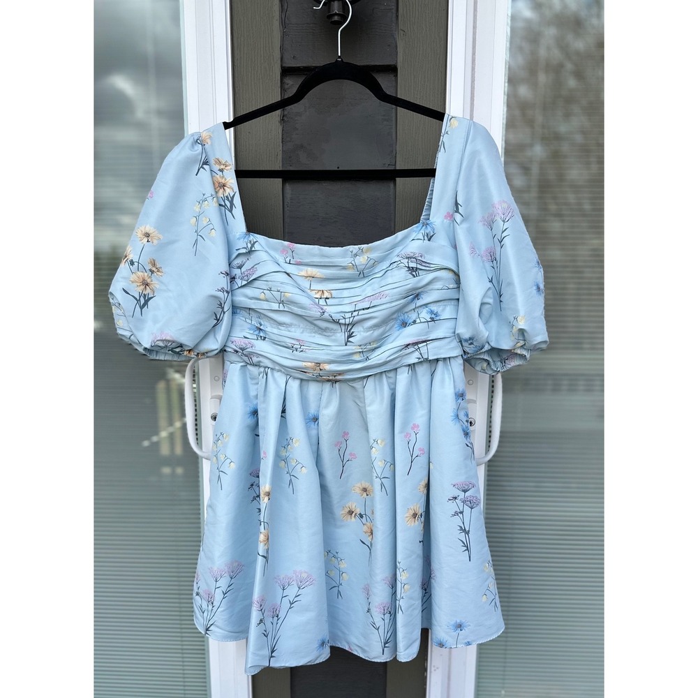 Self-Portrait Light Blue Floral Taffeta Puff Sleeve Mini Dress Square Neck 10 - Picture 4 of 8